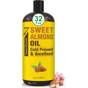 imageSeven Minerals Pure Cold Pressed Sweet Almond Oil  Big 32 fl oz Bottle  Unrefined ampamp100 Natural  For Skin ampamp Hair with No Added Ingredients  Perfect Carrier Oil for Essential Oils32 Fl Oz Pack of 1